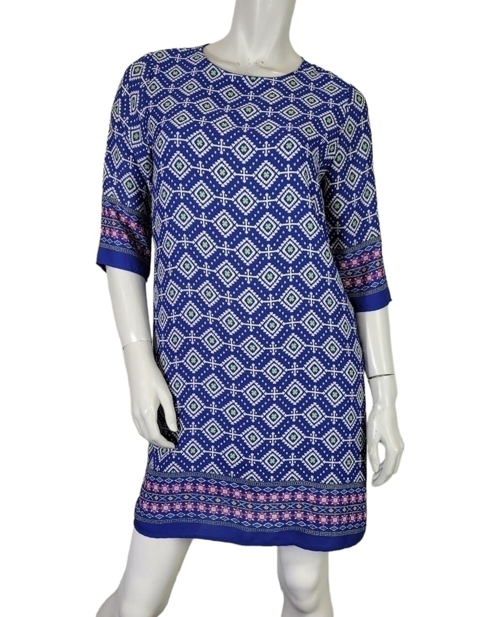 Everly SZ M Shift Dress Blue White Half Sleeve Boho Tribal Aztec Lightweight